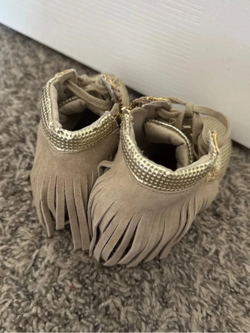 Joyfolie Tan and Gold Fringe High-Top Boots for Kids